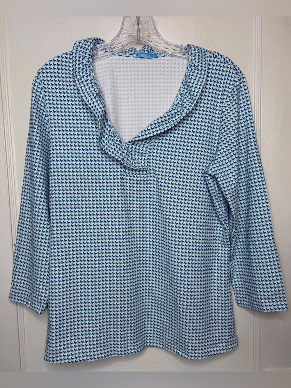 J. McLaughlin Catalina Cloth Durham Top Size Large Green White Geometric Knit